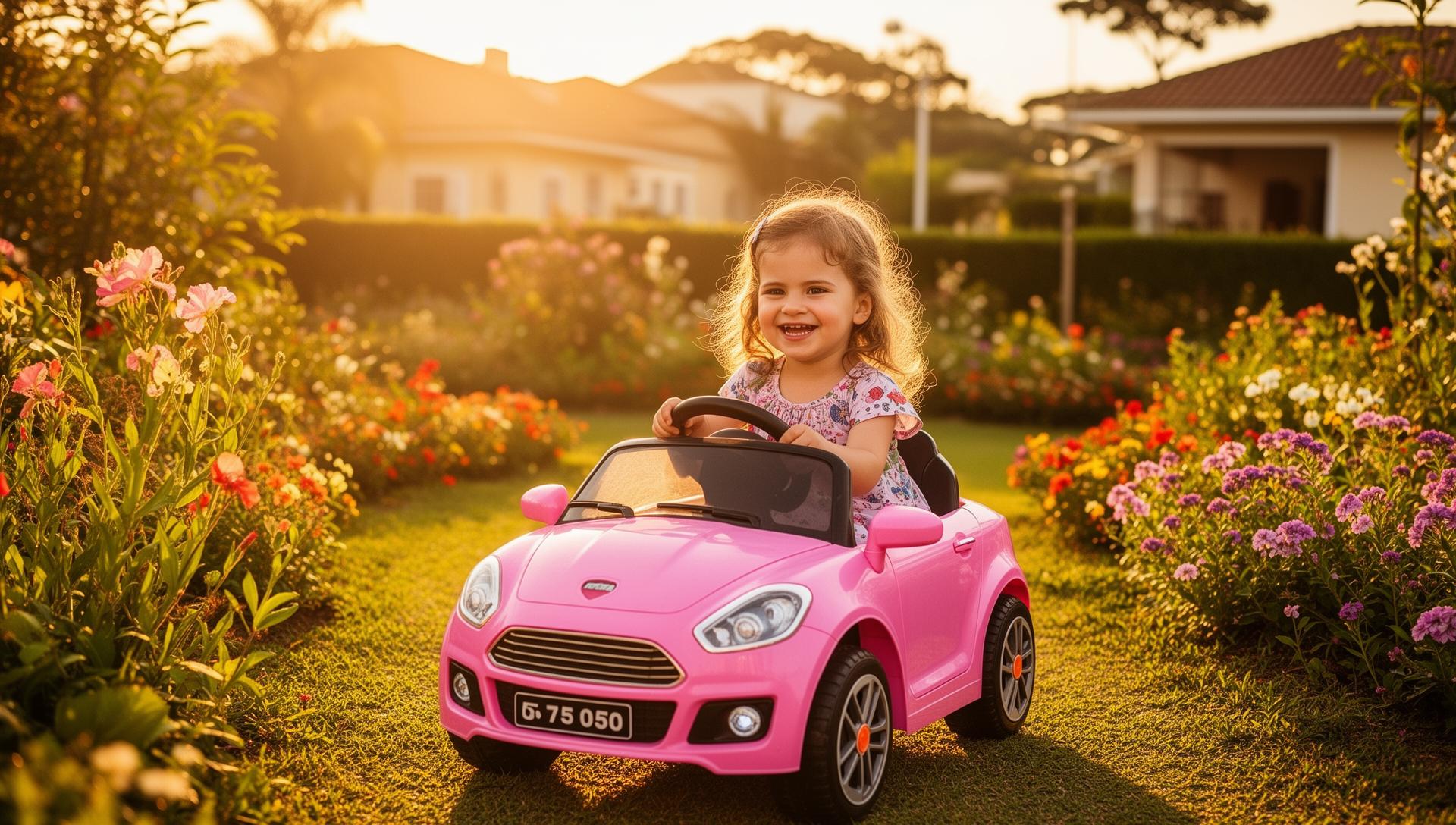 Criança feliz em carrinho elétrico infantil